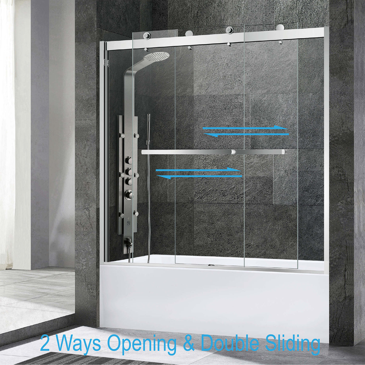 WOODBRIDGE Frameless Bathtub Shower Doors 56-60" Width x 62"Height with 5/16"(8mm) Clear Tempered Glass, 2 Ways Opening & Double Sliding in Matte Black Finish,ASD6062-MBL