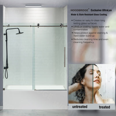 WOODBRIDGE Frameless Bathtub Shower Doors 56-60" Width x 62"Height with 3/8"(10mm) Clear Tempered Glass, 2 Ways Opening & Double Sliding in Brushed Nickel Finish,SDD6062-B