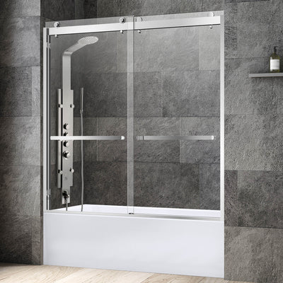 WOODBRIDGE Frameless Bathtub Shower Doors 56-60" Width x 62"Height with 3/8"(10mm) Clear Tempered Glass, 2 Ways Opening & Double Sliding in Brushed Nickel Finish,SDD6062-B