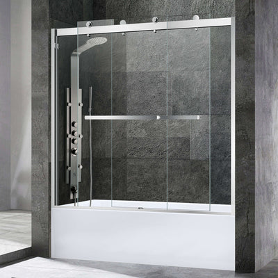 WOODBRIDGE Frameless Bathtub Shower Doors 56-60" Width x 62"Height with 3/8"(10mm) Clear Tempered Glass, 2 Ways Opening & Double Sliding in Brushed Nickel Finish,SDD6062-B