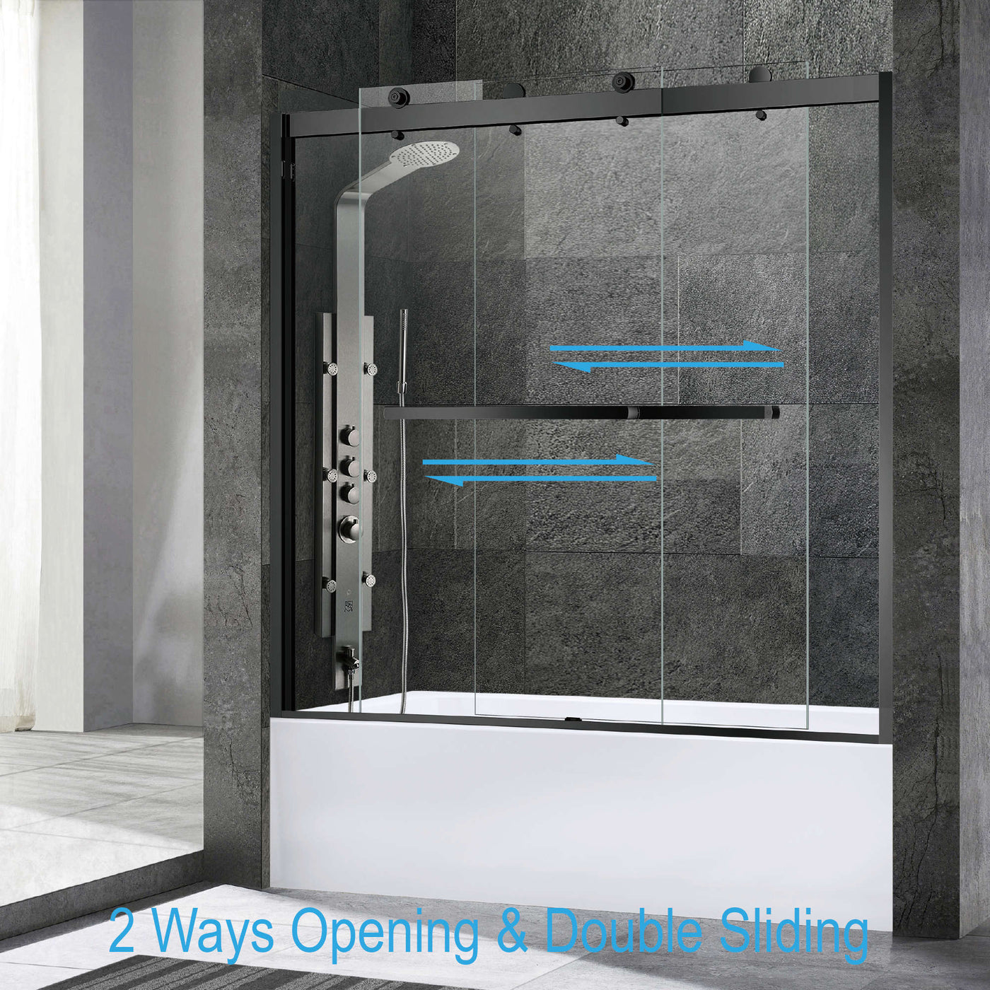 WOODBRIDGE Frameless Bathtub Shower Doors 56-60" Width x 62"Height with 3/8"(10mm) Clear Tempered Glass, 2 Ways Opening & Double Sliding in Matte Black Finish,SDD6062-MBL