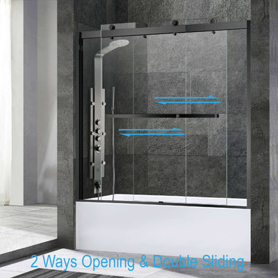 WOODBRIDGE Frameless Bathtub Shower Doors 56-60" Width x 62"Height with 3/8"(10mm) Clear Tempered Glass, 2 Ways Opening & Double Sliding in Matte Black Finish,SDD6062-MBL