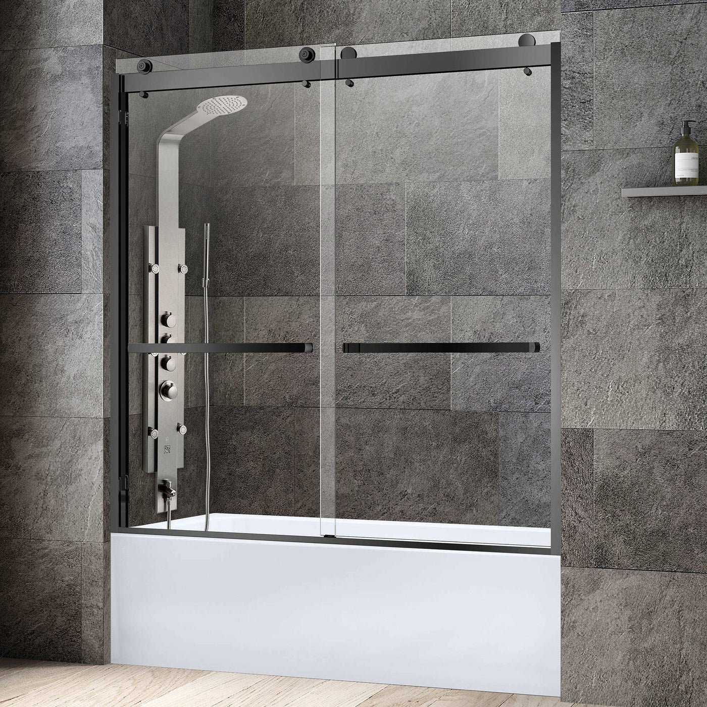 WOODBRIDGE Frameless Bathtub Shower Doors 56-60" Width x 62"Height with 3/8"(10mm) Clear Tempered Glass, 2 Ways Opening & Double Sliding in Matte Black Finish,SDD6062-MBL