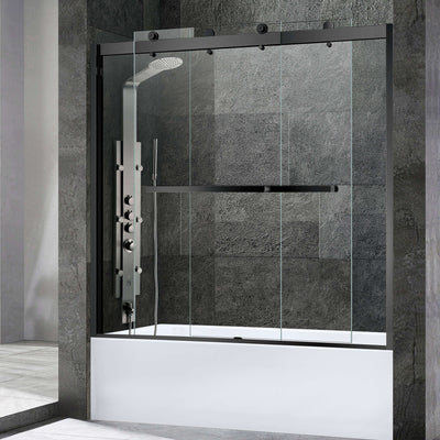 WOODBRIDGE Frameless Bathtub Shower Doors 56-60" Width x 62"Height with 3/8"(10mm) Clear Tempered Glass, 2 Ways Opening & Double Sliding in Matte Black Finish,SDD6062-MBL