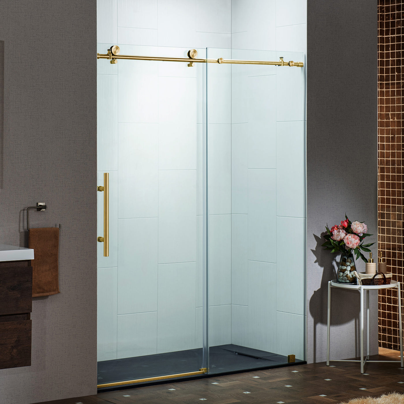 WOODBRIDGE Frameless Sliding Shower Doors with Soft Close System, 56-60" Width x 76"Height with 3/8"(10mm) Clear Tempered Glass in Brushed Gold Finish, BSDC6076-BG