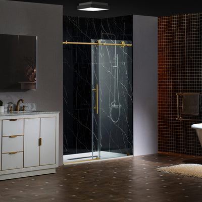 WOODBRIDGE Frameless Sliding Shower Doors with Soft Close System, 56-60" Width x 76"Height with 3/8"(10mm) Clear Tempered Glass in Brushed Gold Finish, BSDC6076-BG