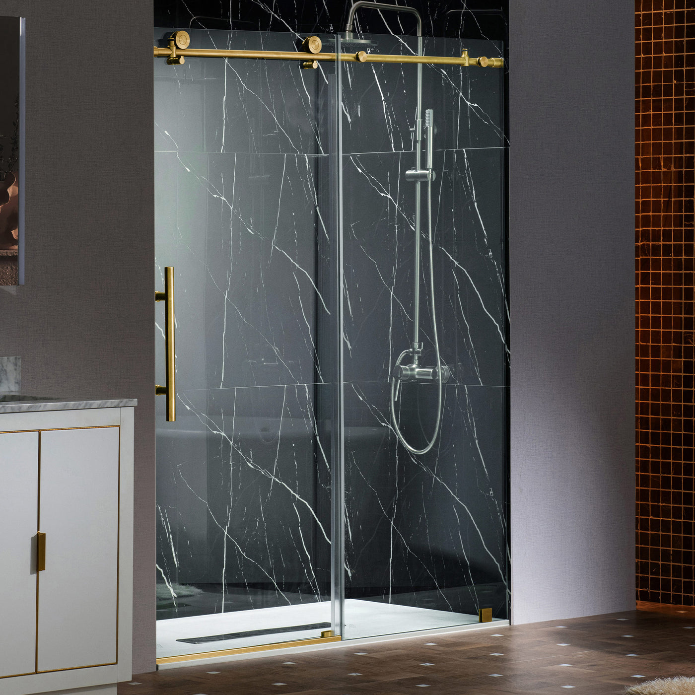 WOODBRIDGE Frameless Sliding Shower Doors with Soft Close System, 56-60" Width x 76"Height with 3/8"(10mm) Clear Tempered Glass in Brushed Gold Finish, BSDC6076-BG