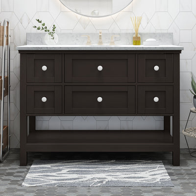 49'' Bathroom Vanity with Marble Top & Ceramic Sink, Open Shelf, 5 Drawers, Brown