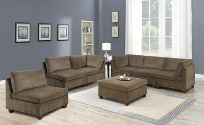 Living Room Furniture Tan Chenille Modular Sectional 7pc Set Modular Sofa Set Couch 3x Corner Wedge 3x Armless Chairs and 1x Ottoman Plywood