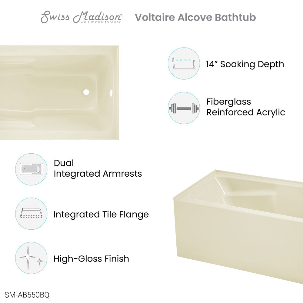 Swiss Madison Voltaire 54" x 30" Right-Hand Drain Alcove Bathtub with Apron in Bisque SM-AB550BQ