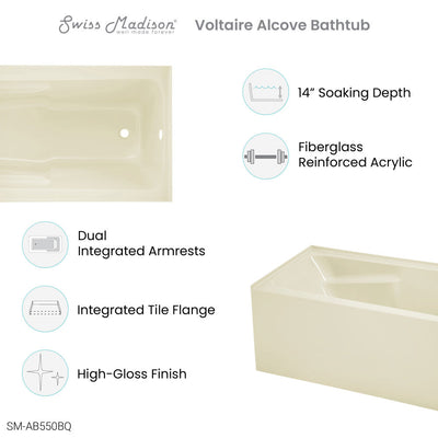 Swiss Madison Voltaire 54" x 30" Right-Hand Drain Alcove Bathtub with Apron in Bisque SM-AB550BQ