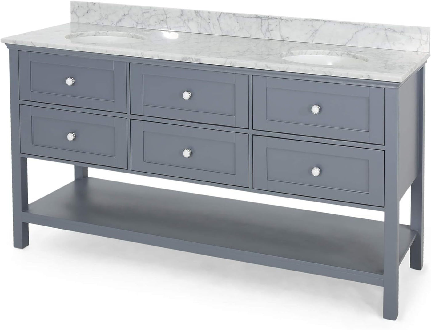 73'' Bathroom Vanity with Marble Top & Double Ceramic Sinks, 4 Drawers, Open Shelf, Grey