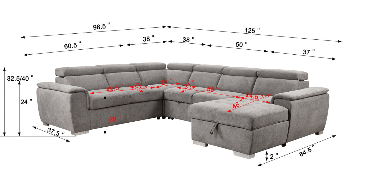 125" Modern U Shaped 7-seat Sectional Sofa Couch with Adjustable Headrest, Sofa Bed with Storage Chaise-Pull Out Couch Bed for Living Room ,Light Gray