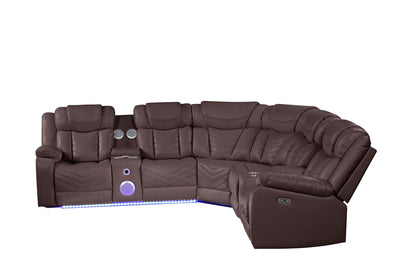 Challenger Modern Style Recliner Sectional Sofa, Built in USB-C Ports & Bluetooth, made with Wood & Faux Leather in Brown