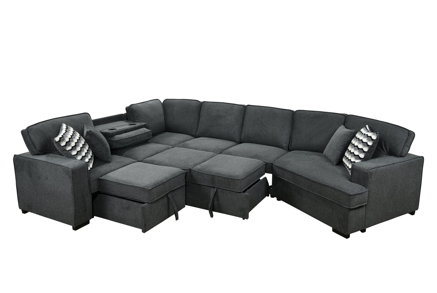 146"Oversized Upholstered Sectional Pull Out Sleeper Bed and Chaise Lounge, U-Shaped Sofa with 2 pull-out bed, 4 Pillows & 2 Cup Holders on Back Cushions for Home, Bedroom, Apartment, Dark Gray