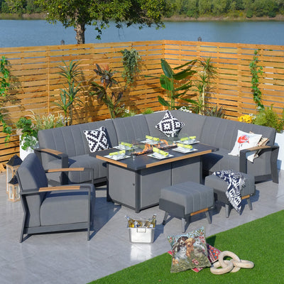 Direct Wicker Aluminum Patio and Garden Fire Pit Seating Set with Gray Cushion