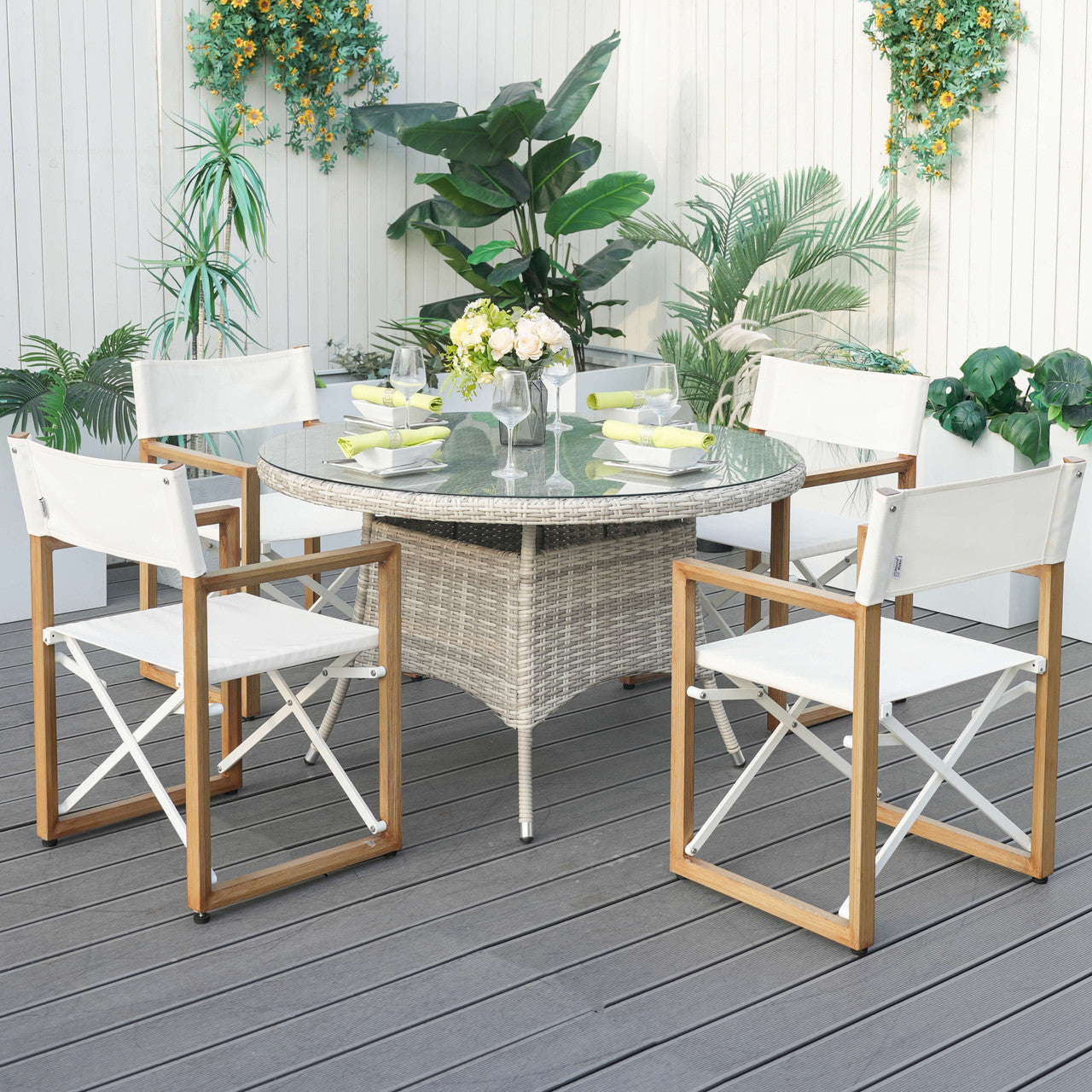 Direct Wicker Four-Seater Aluminum-White Rattan Tables With Folding Chairs - Stylish Outdoor Furniture Set