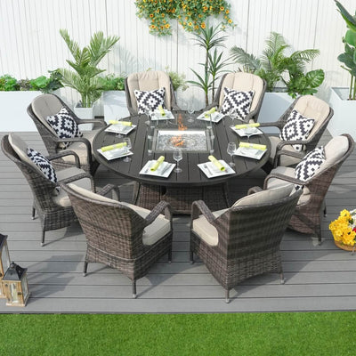 Direct Wicker's 8 Seats Round Fire Pit Set with Aluminium Tabletop & Rattan Chairs (PAG-1108A)