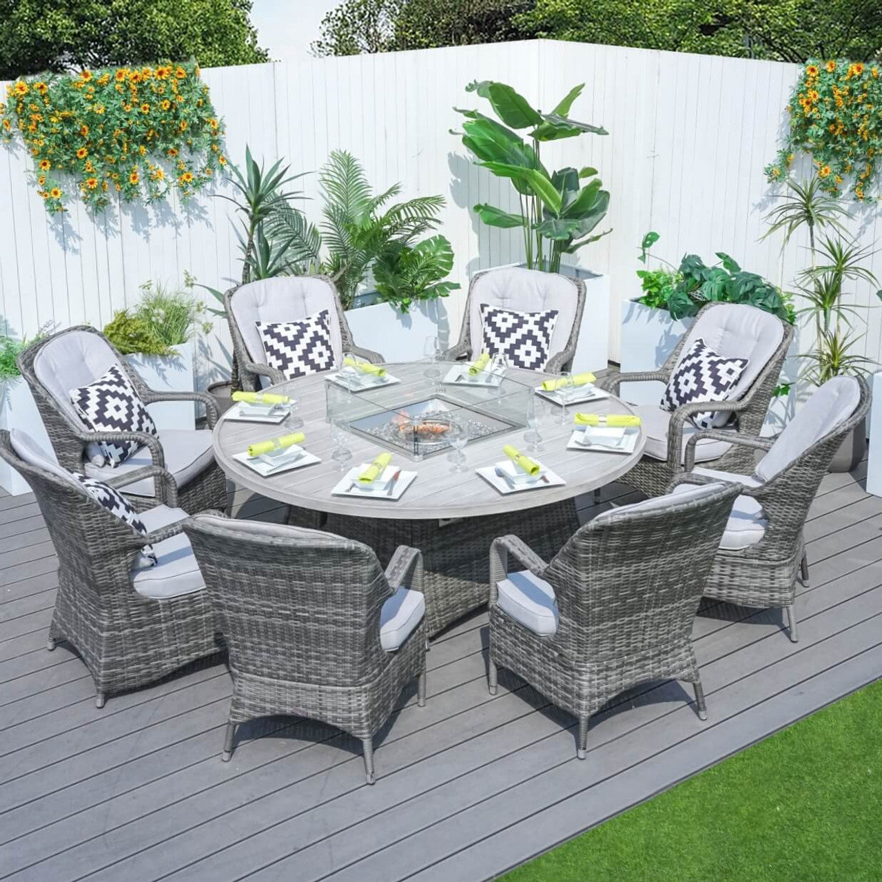 Direct Wicker's 8 Seats Round Fire Pit Set with Aluminium Tabletop & Rattan Chairs (PAG-1108A)