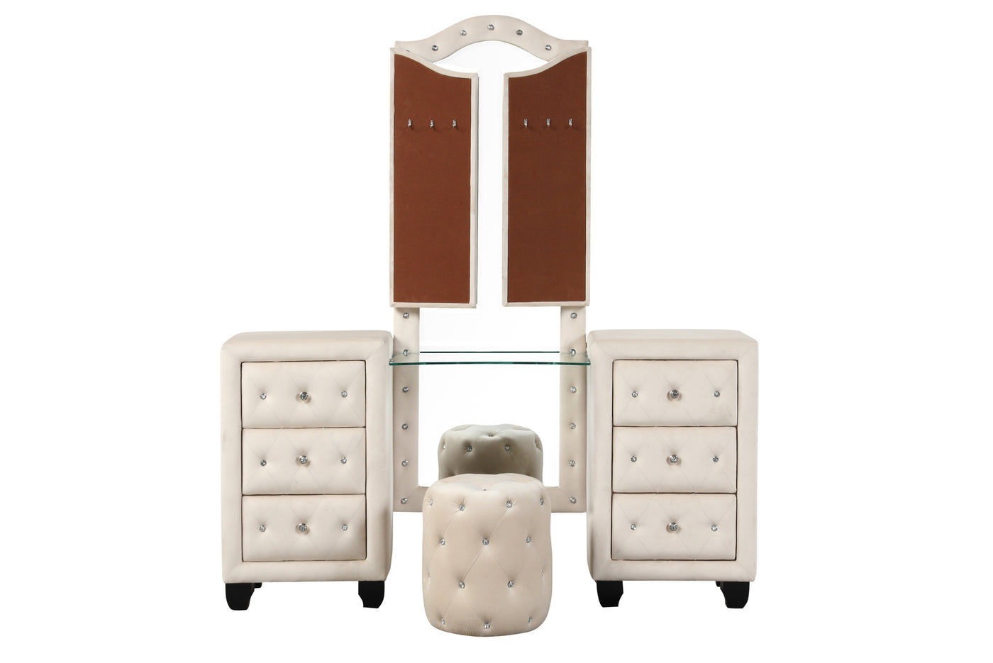 Maya Crystal Tufted King 5 Pc Vanity Bedroom Set Made with Wood in Cream