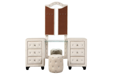 Sophia Crystal Tufted Full 5 Pc Vanity Bedroom Set Made with Wood in Cream