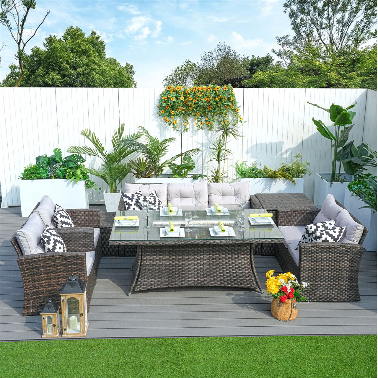 Direct Wicker Patio Perfection with Rectangular Fire Pit Glass Tabletop Furniture Set (PAG-1503+1106R?