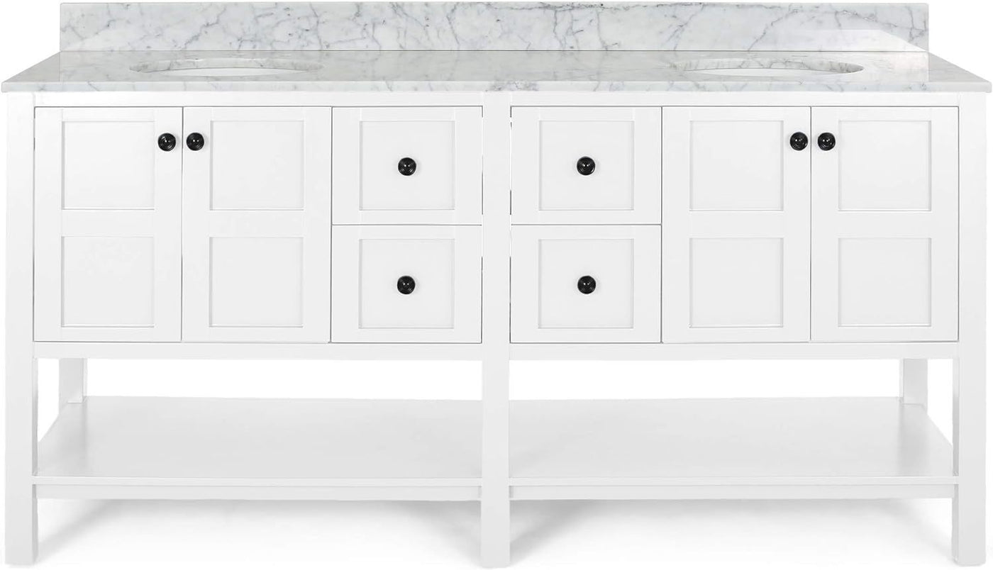 73'' Bathroom Vanity with Marble Top & Double Ceramic Sinks, 4 Doors, 4 Drawers, Open Shelf, White