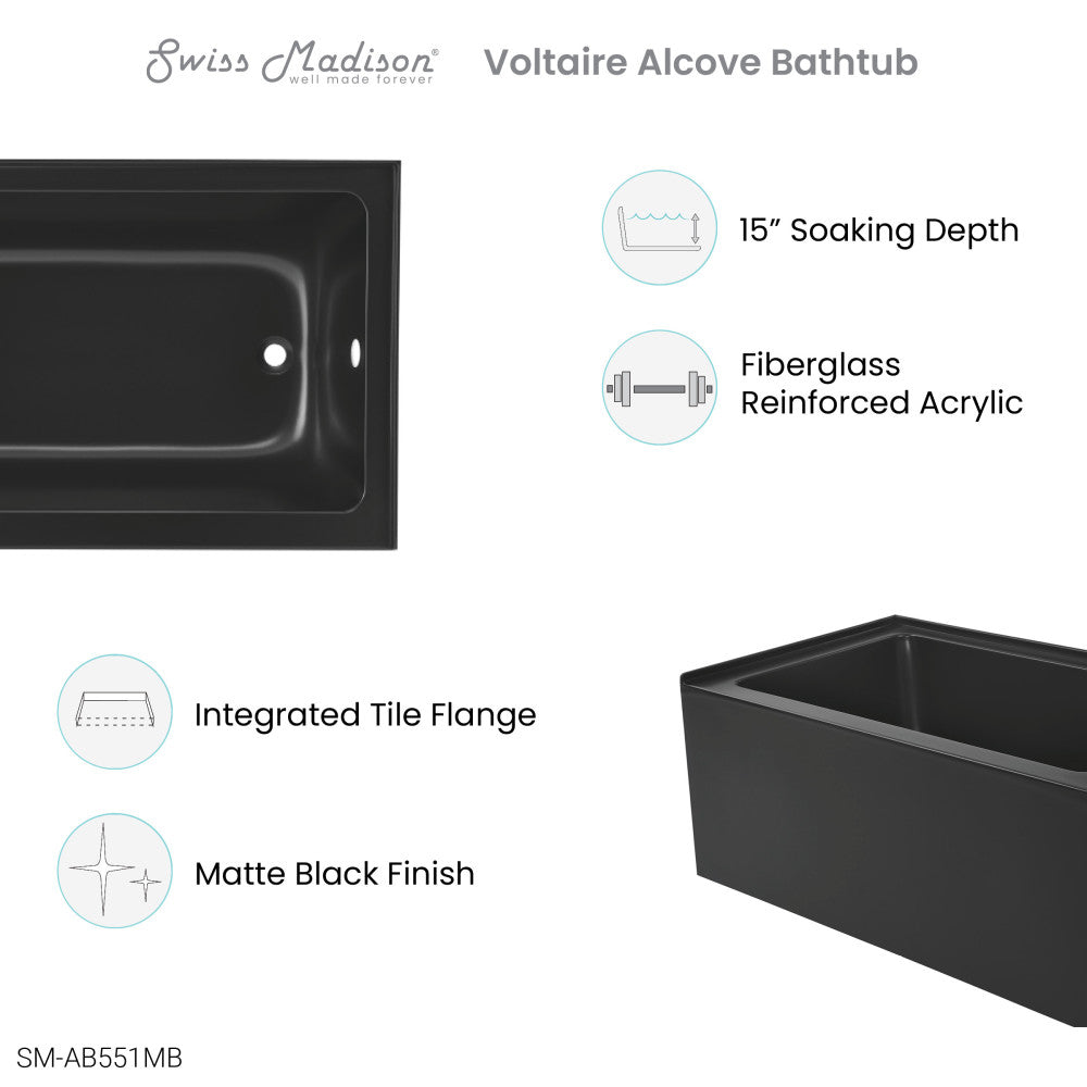 Swiss Madison Voltaire 48" x 32" Right-Hand Drain Alcove Bathtub with Apron in Matte Black SM-AB551MB