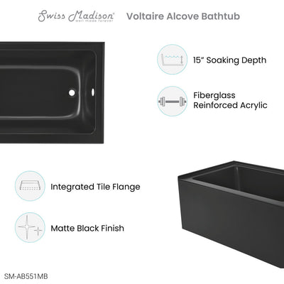 Swiss Madison Voltaire 48" x 32" Right-Hand Drain Alcove Bathtub with Apron in Matte Black SM-AB551MB