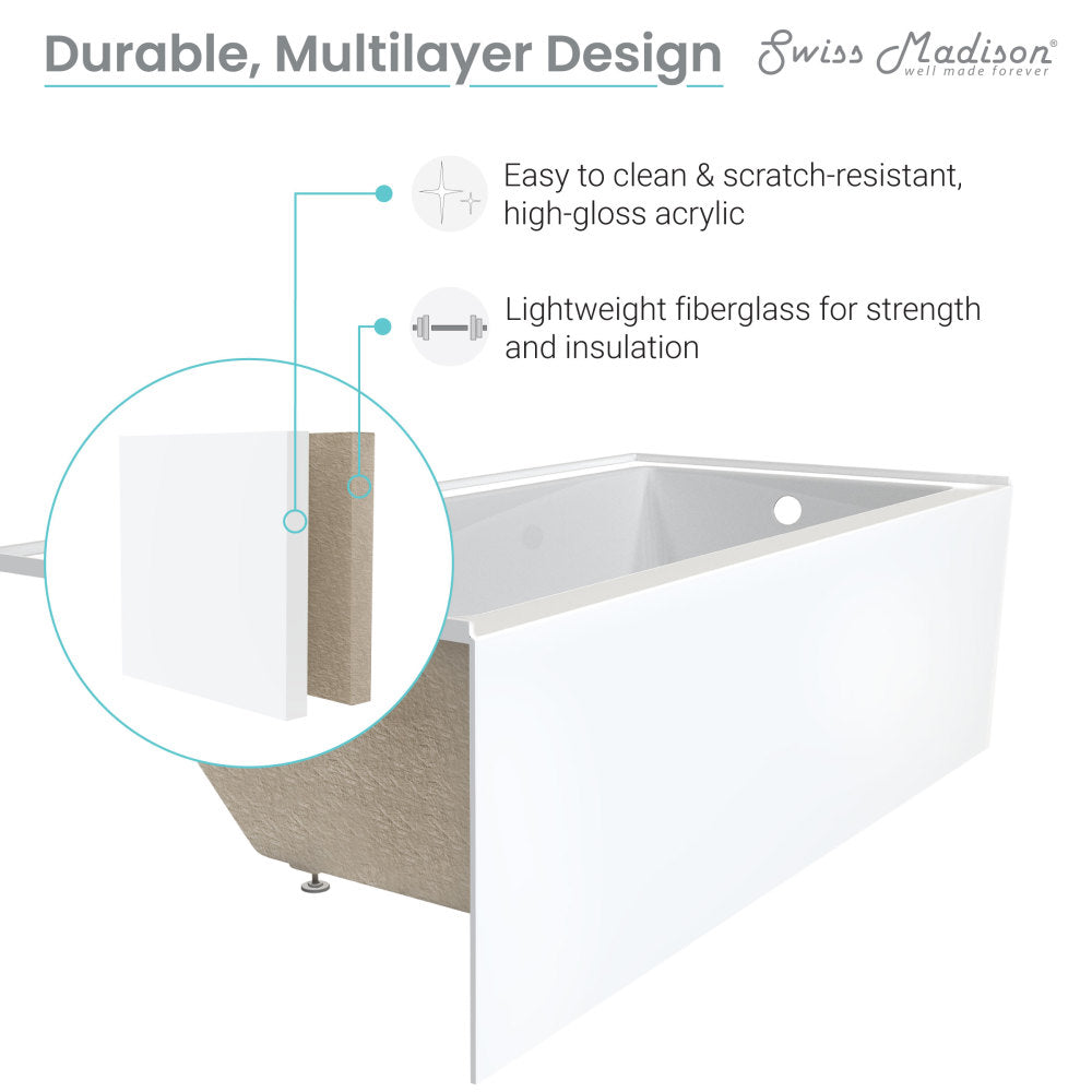 Swiss Madison Concorde 60" x 32" Acrylic Glossy White, Alcove, Integral, Left-Hand Drain, Apron Bathtub SM-AB561