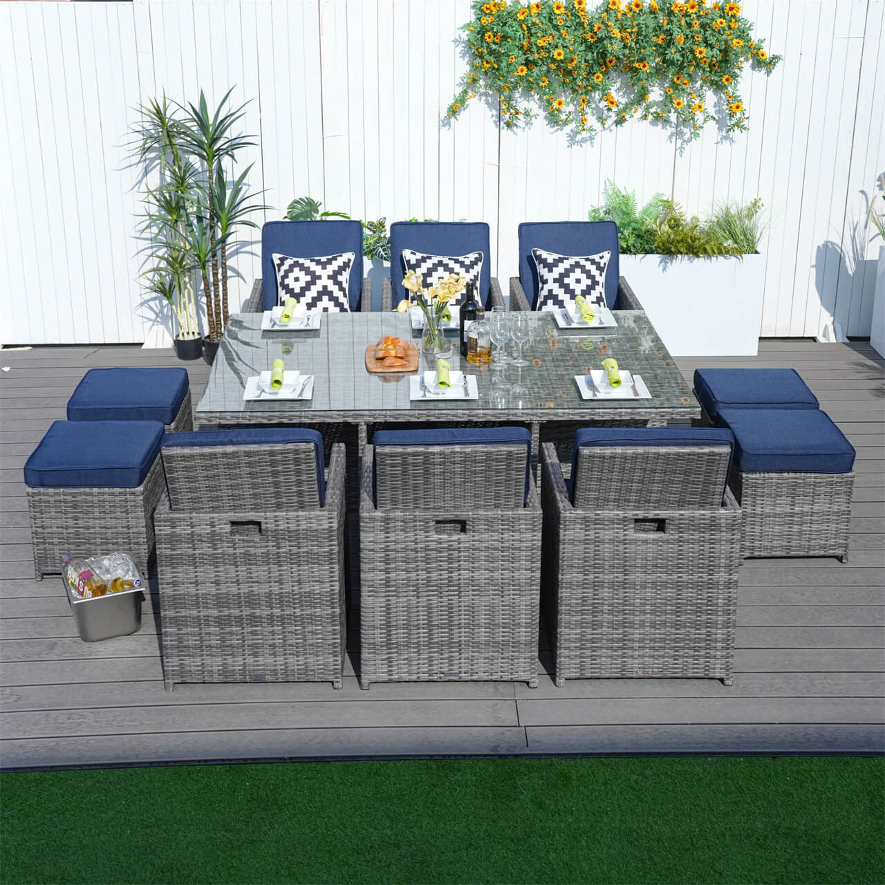 Direct Wicker 6 Seats Patio Dining Set Rectangular Dining Table with Chairs and Ottoman (PAD-3234-SET)