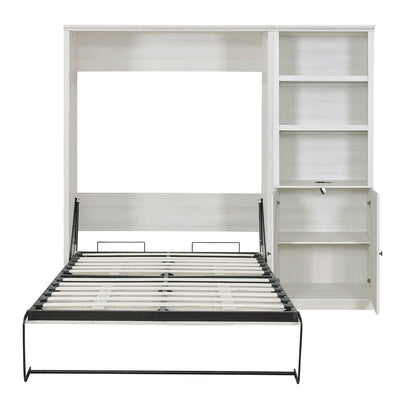 Full Size Half Self-Close and Open Murphy Bed with 1 Side Cabinet Storage Shelf, Cabinet Space-Saving Bed Perfect for Guest Room, Bed Room, Guest Room, Home Office, Rustic White