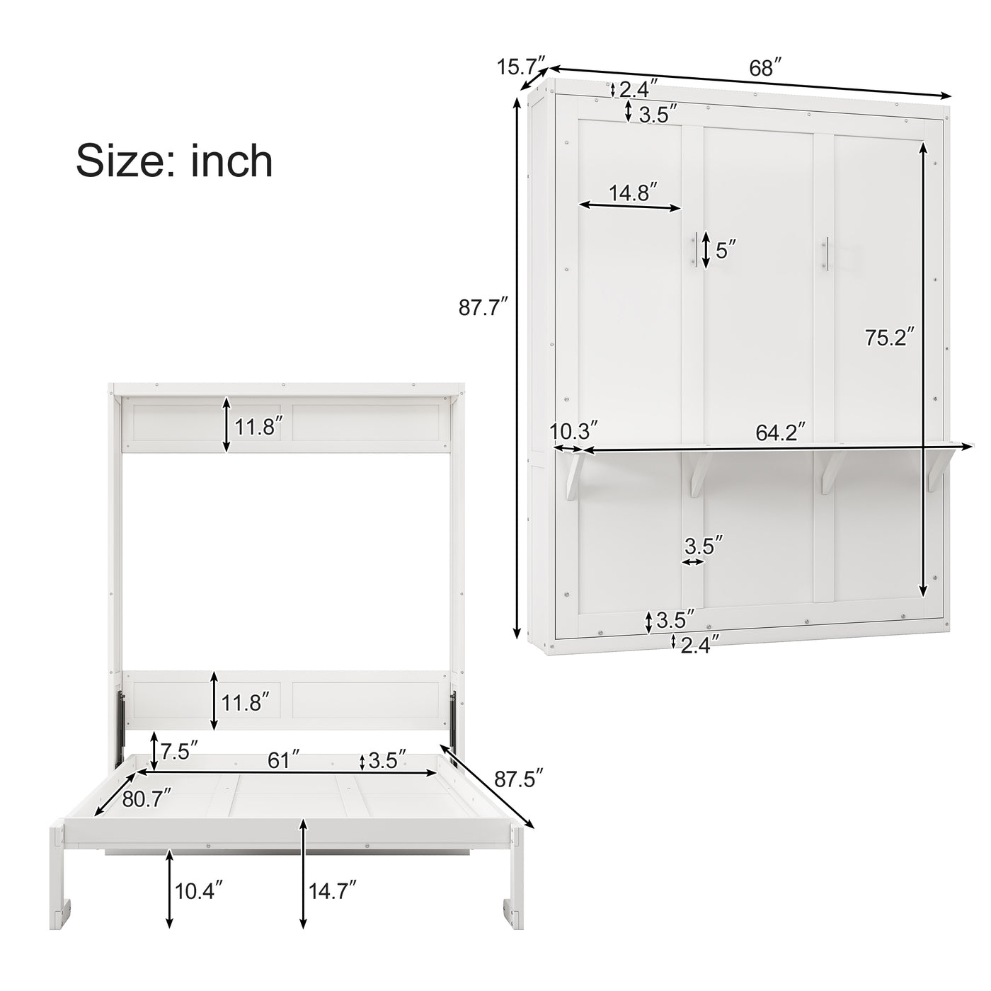 Queen Size Murphy Bed with 1 Side Cabinet Storage Shelf, 68-inch Cabinet Bed Folding Wall Bed with Desk Combo Perfect for Guest Room, Study, Office,White(old sku:BS300491AAC)