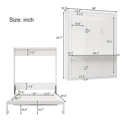 Queen Size Murphy Bed with 1 Side Cabinet Storage Shelf, 68-inch Cabinet Bed Folding Wall Bed with Desk Combo Perfect for Guest Room, Study, Office,White(old sku:BS300491AAC)