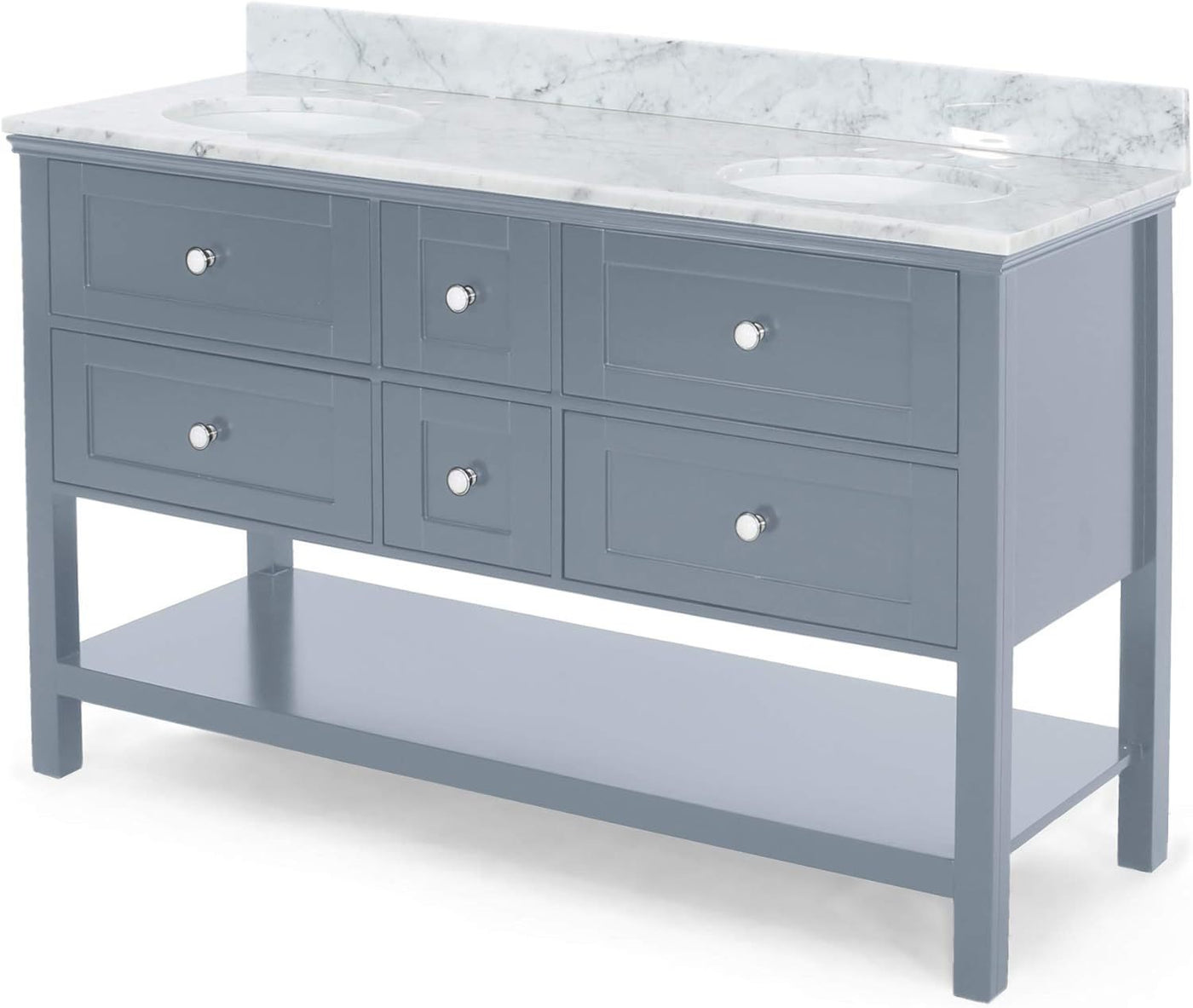 61'' Bathroom Vanity with Marble Top & Double Ceramic Sinks, 4 Drawers, Open Shelf, Gray