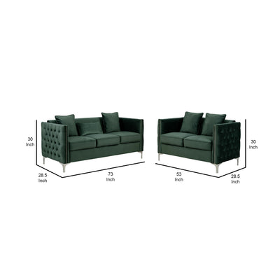 Joel Modern 2 Piece Sofa and Loveseat Living Room Set, Tufted Green Velvet