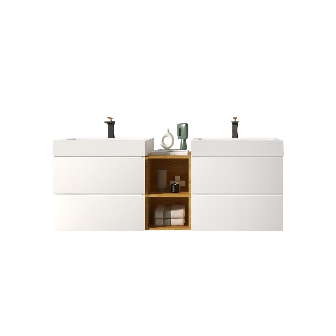 U062-Alice60W-201 Alice 60" White Bathroom Vanity with Double Sinks and Open Shelf, Modern Wall Mounted Floating Bathroom Vanity, One-Piece Sink Basin without Drain and Faucet