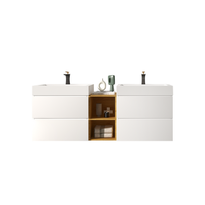 U062-Alice60W-201 Alice 60" White Bathroom Vanity with Double Sinks and Open Shelf, Modern Wall Mounted Floating Bathroom Vanity, One-Piece Sink Basin without Drain and Faucet