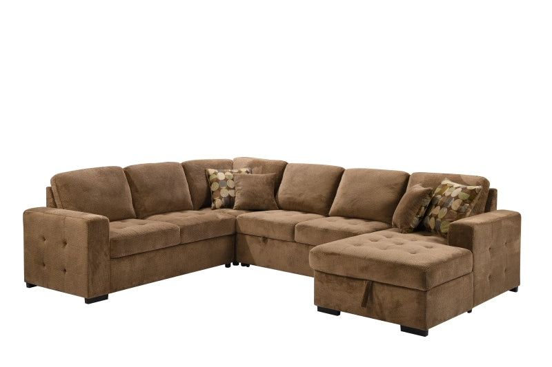 123" Oversized Sectional Sofa with Storage Chaise, U Shaped Sectional Couch with 4 Throw Pillows for Large Space Dorm Apartment. Brown