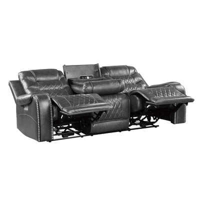 Luxurious Living Room Furniture 2pc Power Reclining Sofa Set Gray Breathable Faux Leather Upholstery Center Drop-Down Cup Holders, Power Outlets, USB Ports, Diamond Pattern Stitching