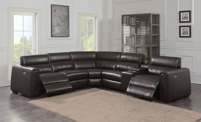 Leather Power Reclining Sectional - Top-Grain Leather, Transitional Styling, Espresso Color, Power Features, USB Charging