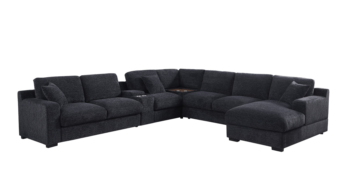 Celine 141.5" Dark Gray Chenille Fabric Corner Sectional Sofa with Right-Facing Chaise, Cupholders, and Charging Ports