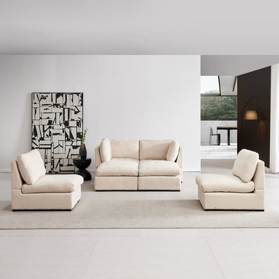 Modular Sofa with Ottoman,Filled with Down ,Soft Linen Fabric,Beige