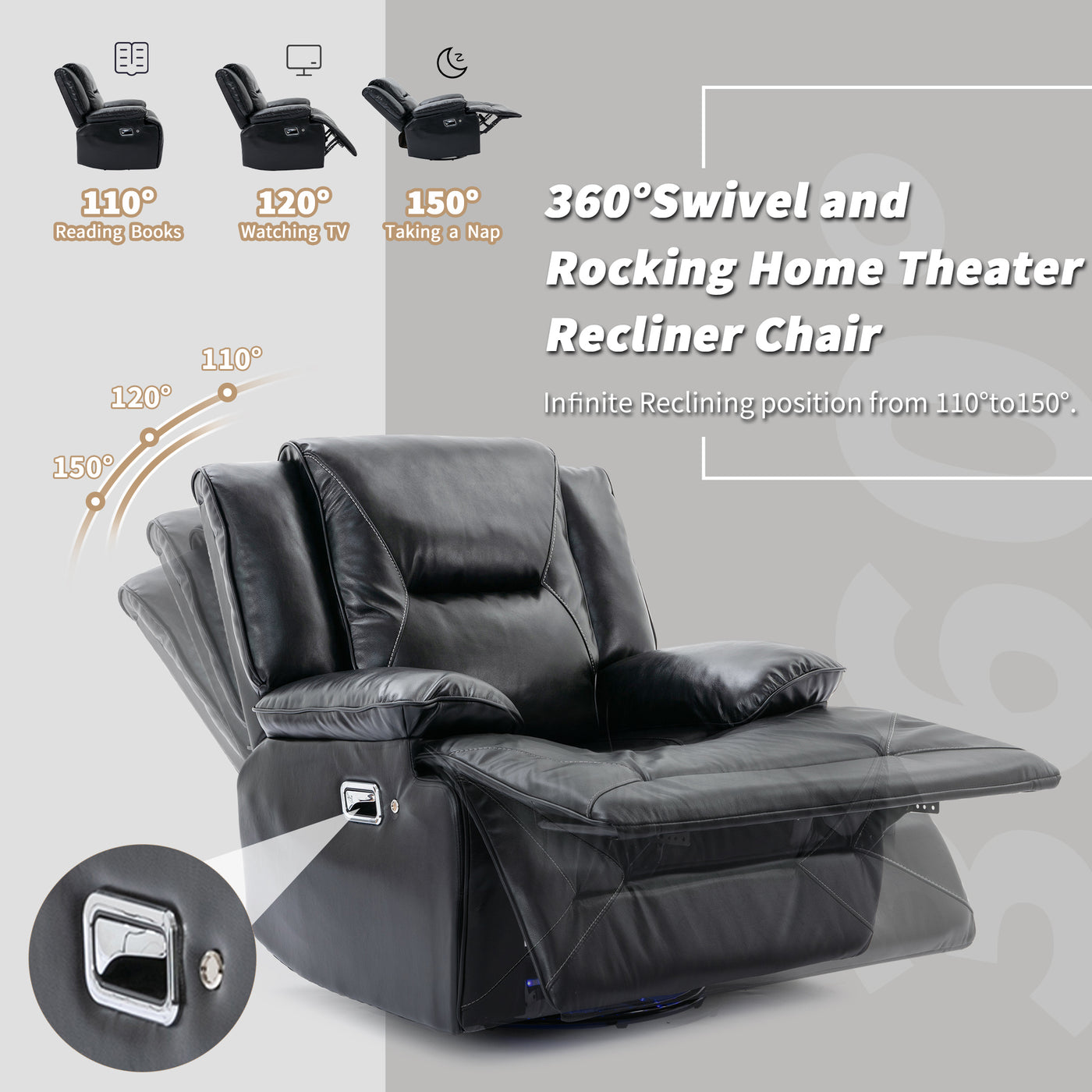 Home Theater Recliner Set Manual Recliner Chair with a LED Light Strip Two Built-in Cup Holders for Living Room,Bedroom, Black ,