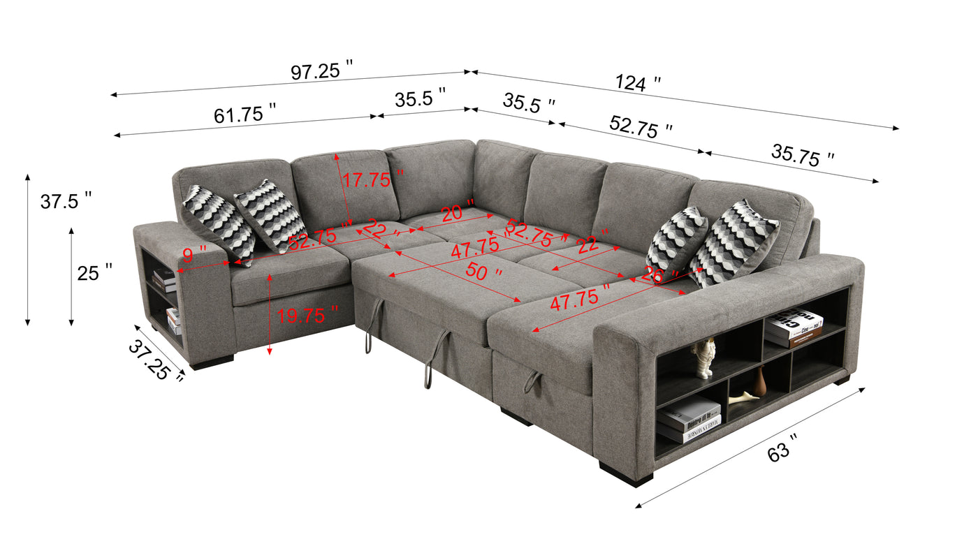 125'' Modern U Shaped 7 Seat Sectional Sofa Couch with Cabinet,Sofa Bed with Storage Chaise-Pull Out Couch Bed for Living Room,Light Gray