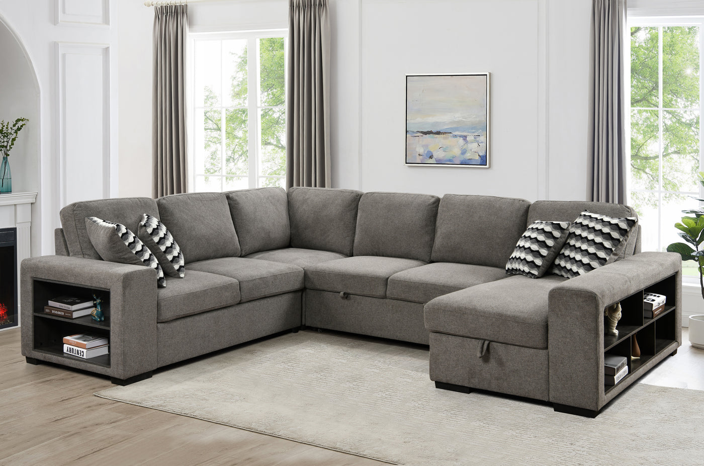 125'' Modern U Shaped 7 Seat Sectional Sofa Couch with Cabinet,Sofa Bed with Storage Chaise-Pull Out Couch Bed for Living Room,Light Gray