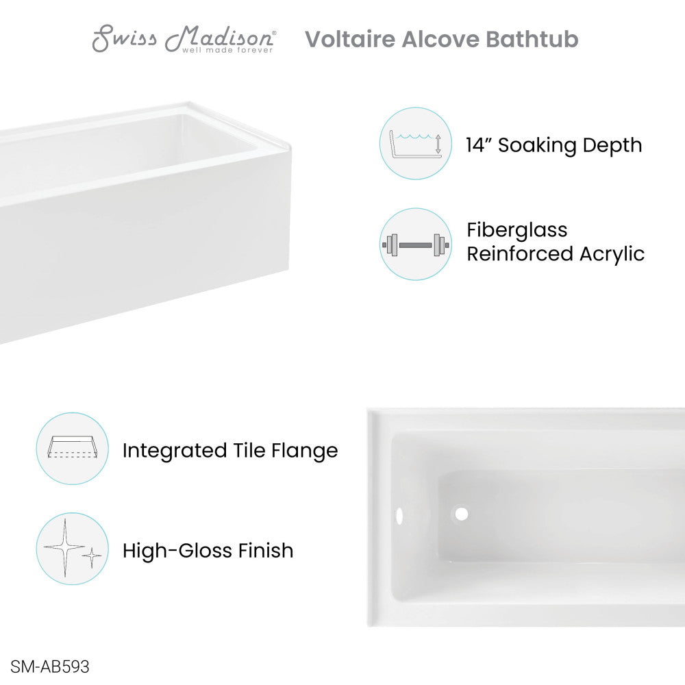 Swiss Madison Voltaire 60" x 30" Left-Hand Drain Alcove Bathtub with Apron SM-AB593