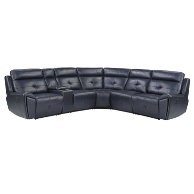 6-Piece Modular Reclining Sectional Navy Blue Premium Faux Leather Tufted Details Solid Wood Modern Living Room Furniture Plush Pillow-Back Seating