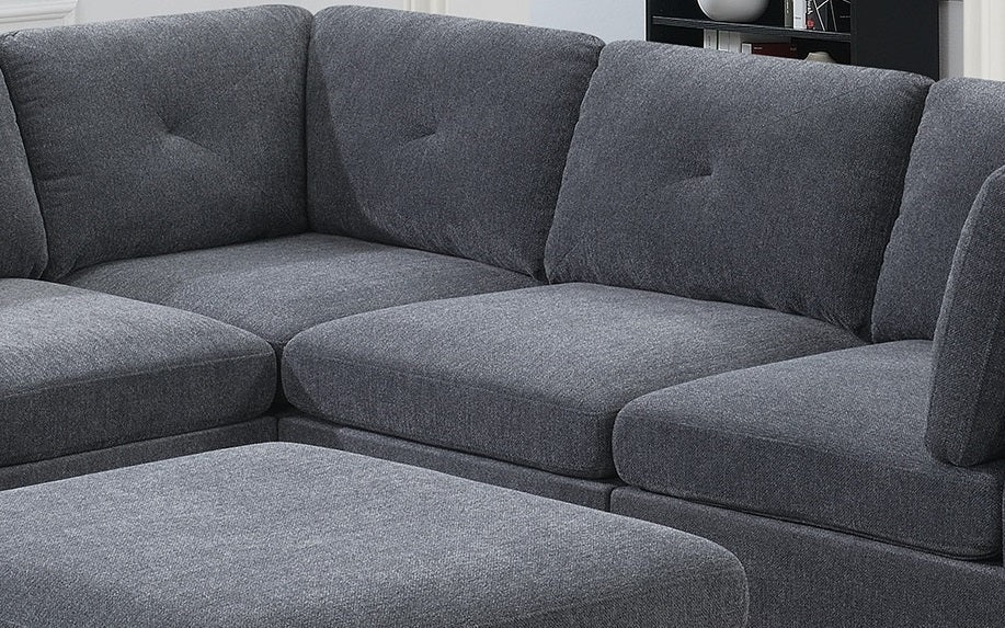 Ash Grey Chenille Fabric Modular Sectional 6pc Set Living Room Furniture Corner Sectional Couch 3x Corner Wedge 2x Armless Chairs and 1x Ottoman Tufted Back