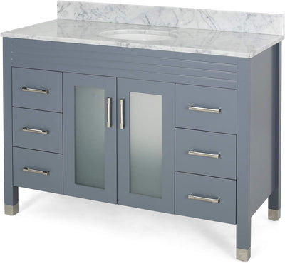 49'' Bathroom Vanity with Marble Top & Ceramic Sink, 2 Doors with Glass, 6 Drawers, Gray